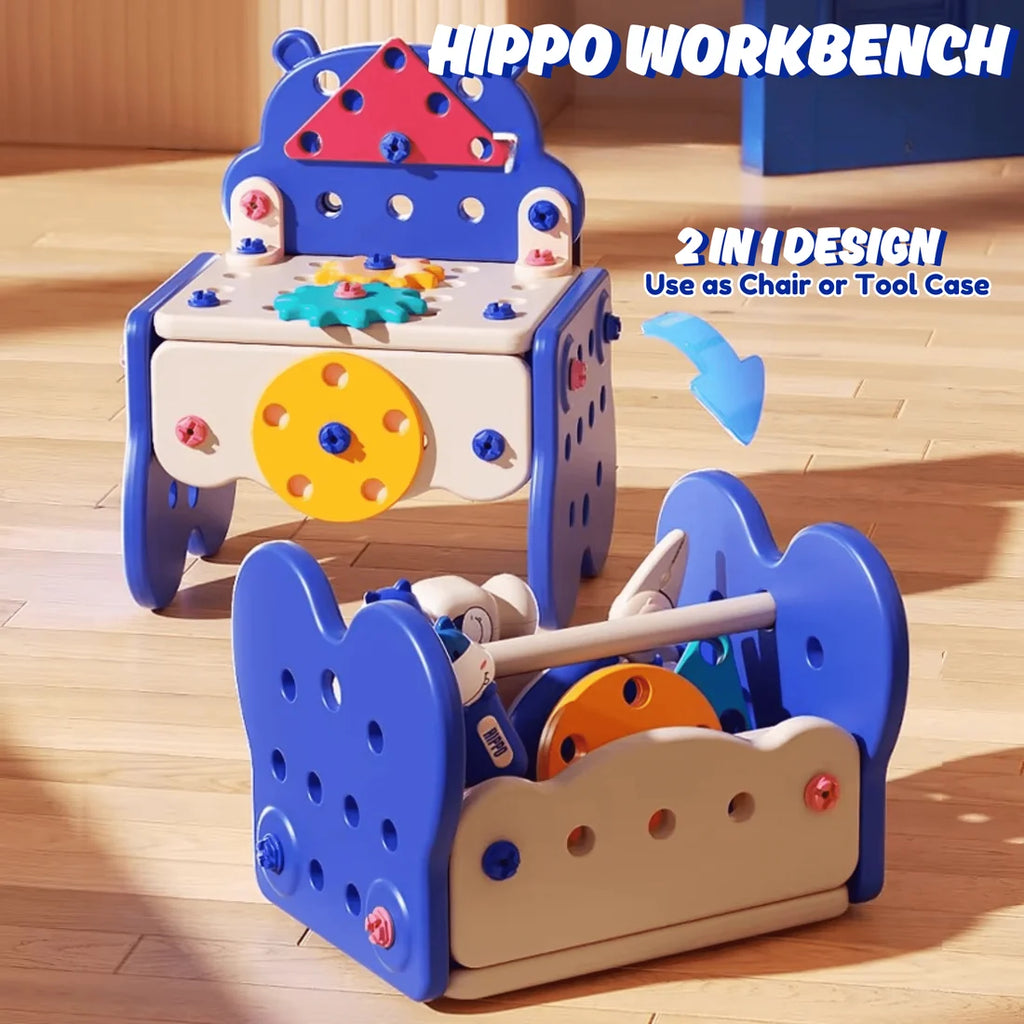 Établi Hippo tout-en-un DIY Montessori – Coffret d'outils 92 pièces (Bleu)
