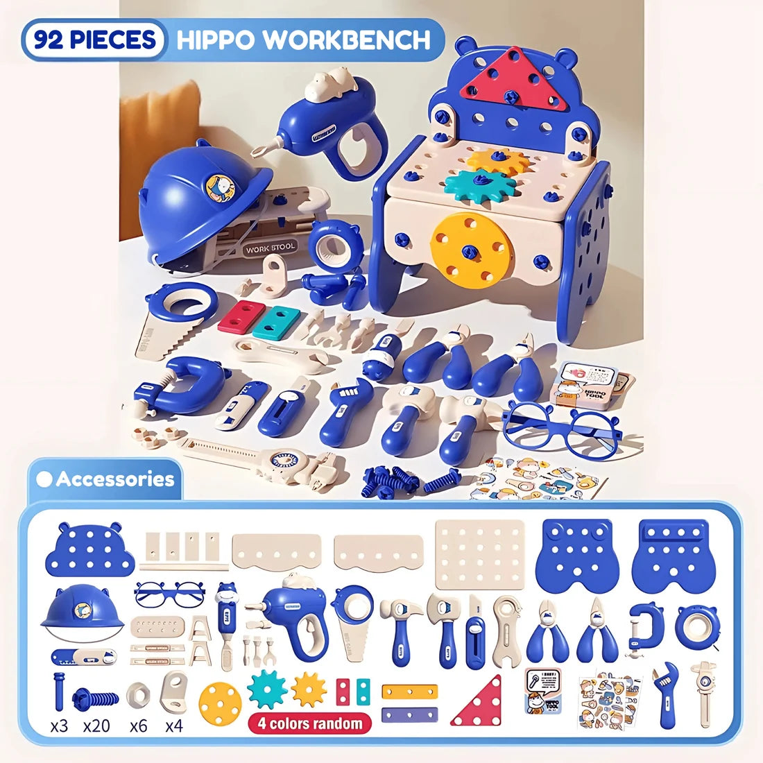Établi Hippo tout-en-un DIY Montessori – Coffret d'outils 92 pièces (Bleu)