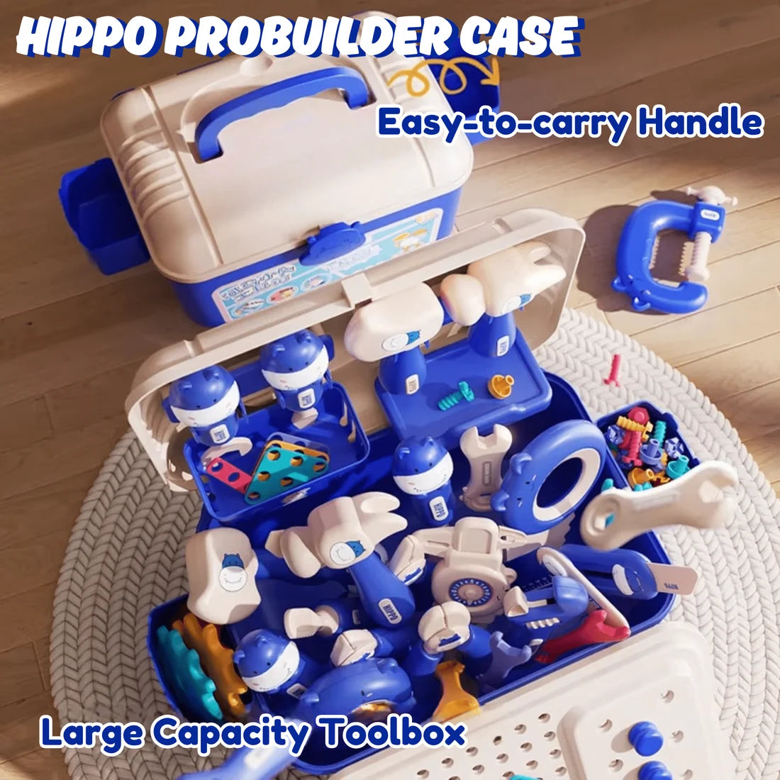 Établi Hippo tout-en-un DIY Montessori – Coffret d'outils 92 pièces (Bleu)