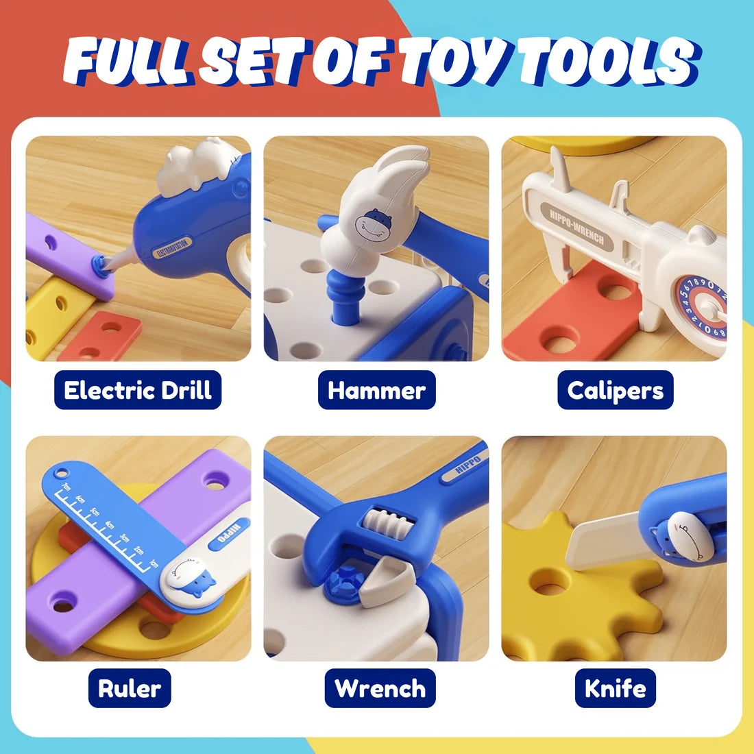 Établi Hippo tout-en-un DIY Montessori – Coffret d'outils 92 pièces (Bleu)