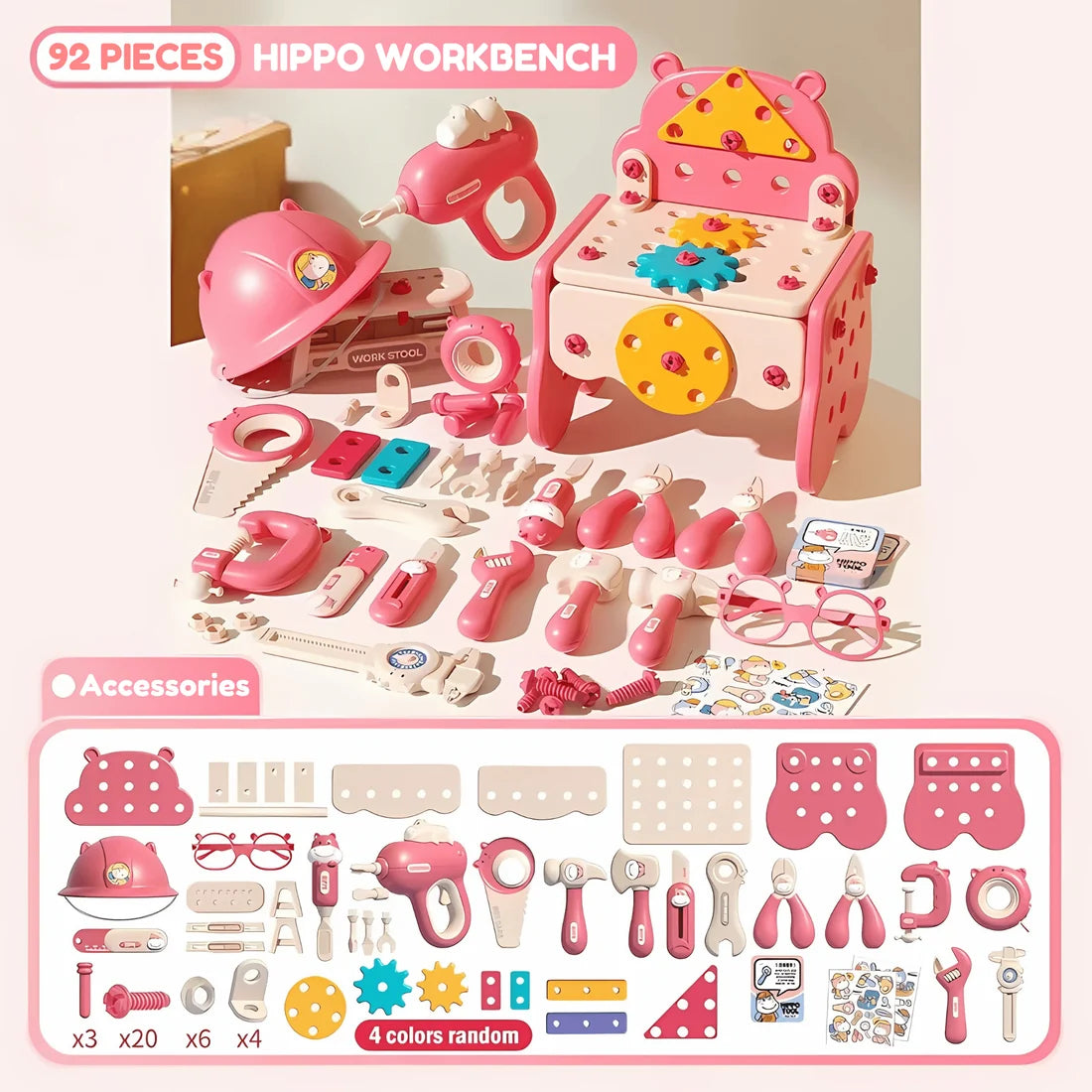 Établi Hippo tout-en-un DIY Montessori – Coffret d'outils 92 pièces (Bleu)