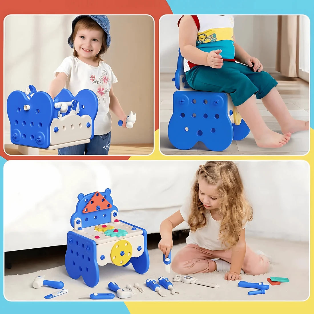 Établi Hippo tout-en-un DIY Montessori – Coffret d'outils 92 pièces (Bleu)