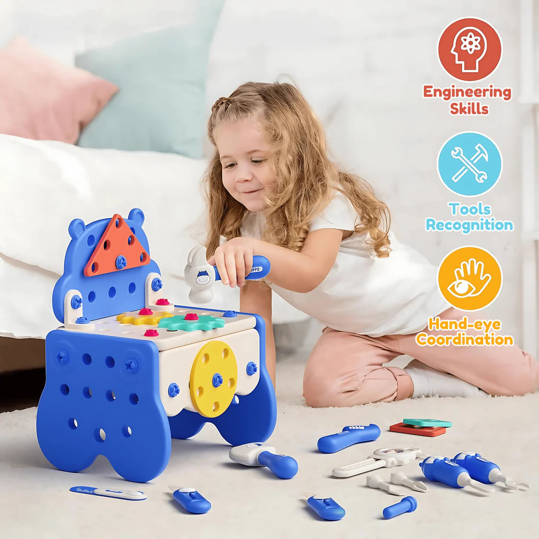 Établi Hippo tout-en-un DIY Montessori – Coffret d'outils 92 pièces (Bleu)