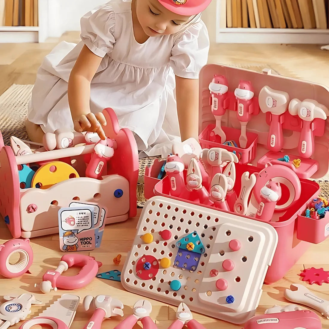 Établi Hippo tout-en-un DIY Montessori – Coffret d'outils 92 pièces (Bleu)