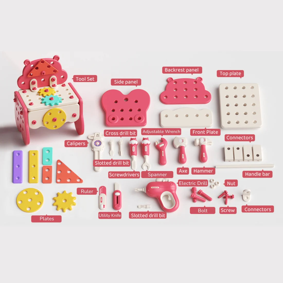 Établi Hippo tout-en-un DIY Montessori – Coffret d'outils 92 pièces (Bleu)