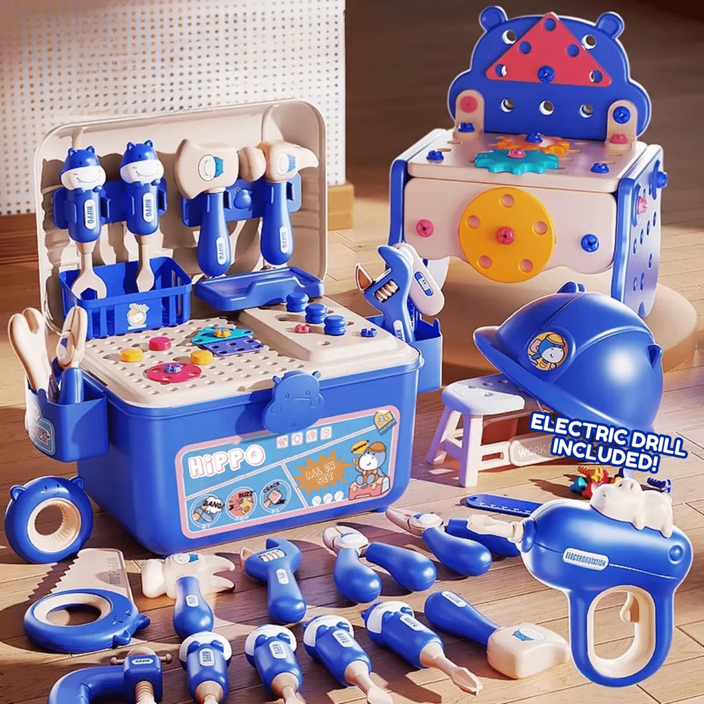 Établi Hippo tout-en-un DIY Montessori – Coffret d'outils 92 pièces (Bleu)