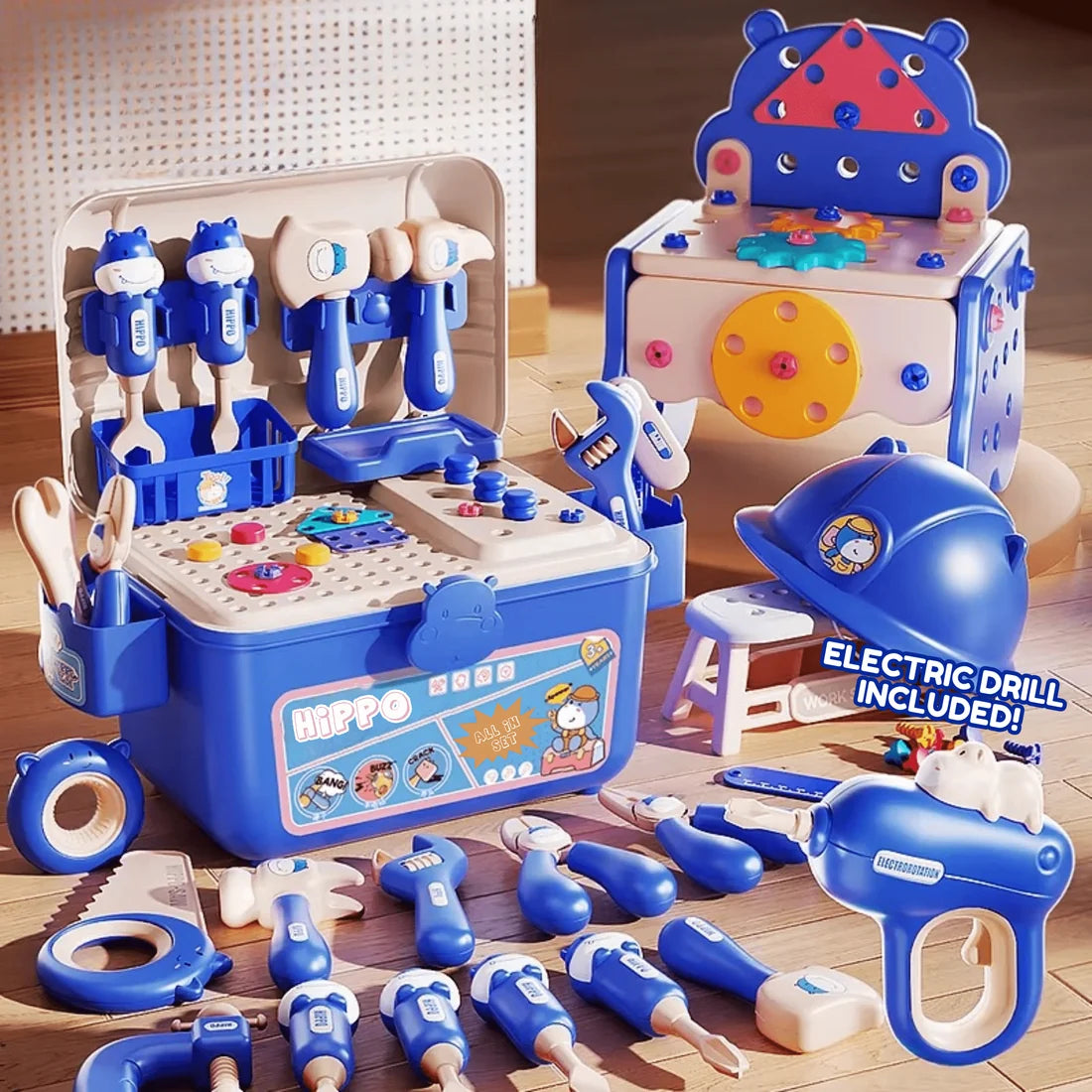 Établi Hippo tout-en-un DIY Montessori – Coffret d'outils 92 pièces (Bleu)