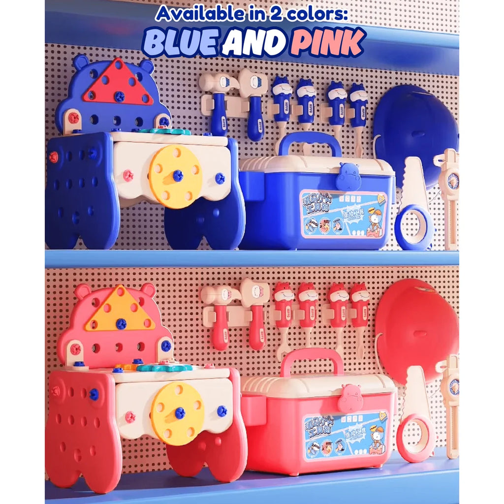 Établi Hippo tout-en-un DIY Montessori – Coffret d'outils 92 pièces (Bleu)