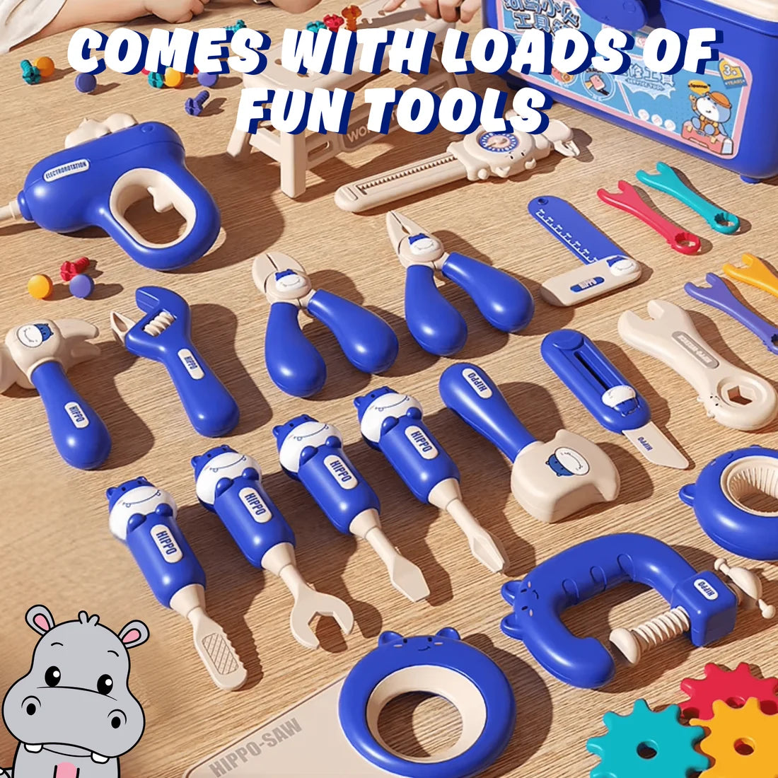 Établi Hippo tout-en-un DIY Montessori – Coffret d'outils 92 pièces (Bleu)