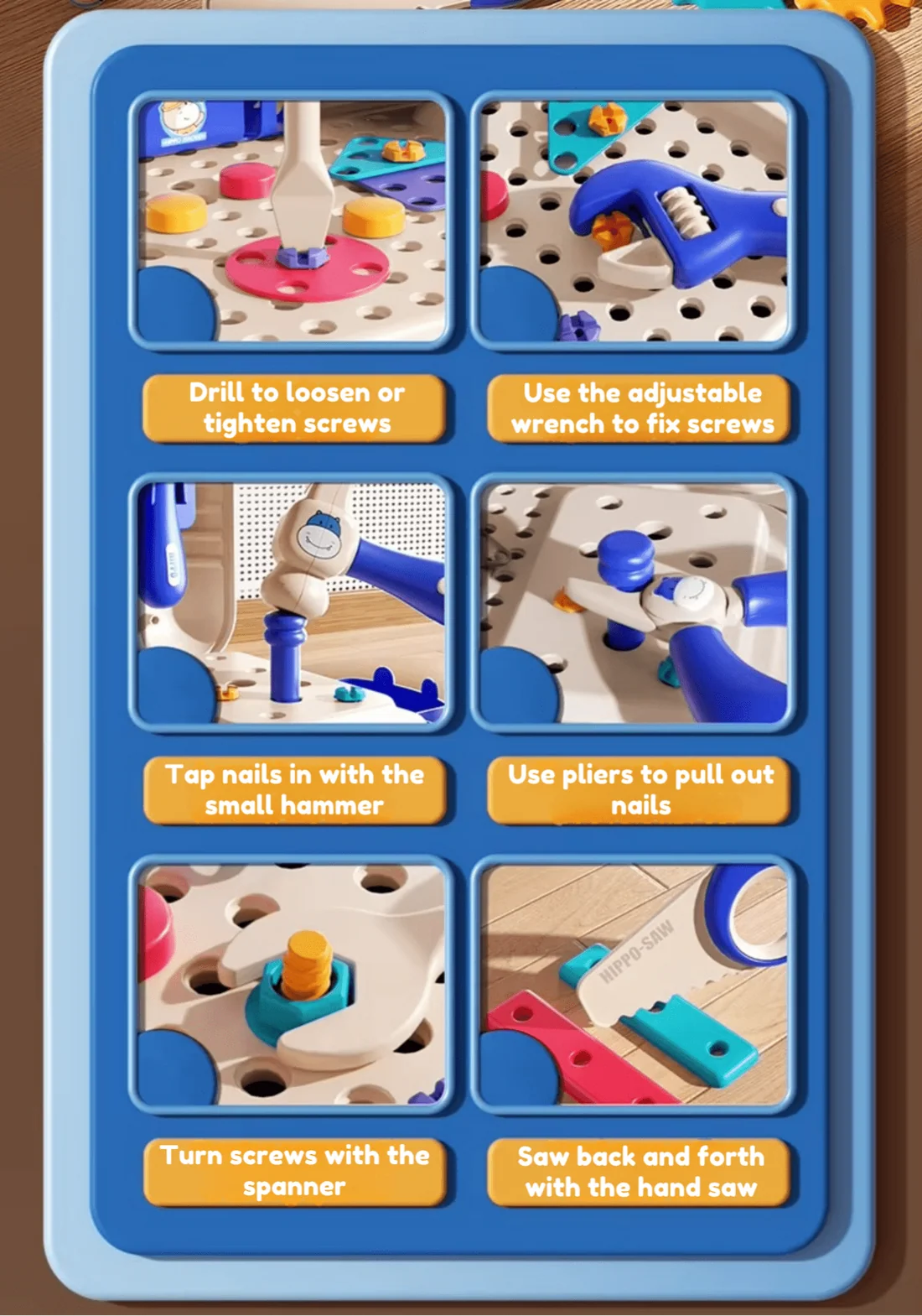 Établi Hippo tout-en-un DIY Montessori – Coffret d'outils 92 pièces (Bleu)