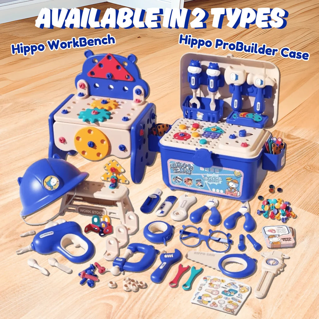 Établi Hippo tout-en-un DIY Montessori – Coffret d'outils 92 pièces (Bleu)