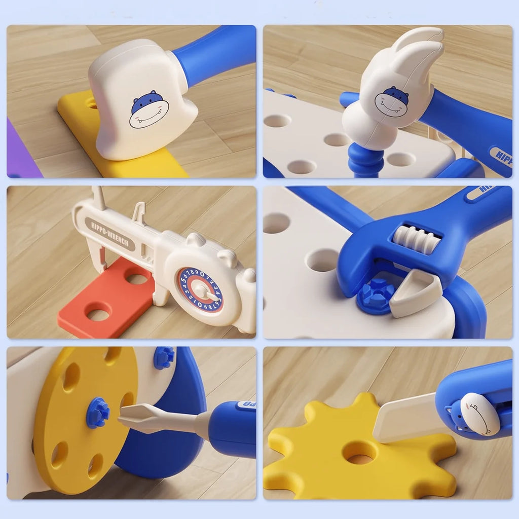 Établi Hippo tout-en-un DIY Montessori – Coffret d'outils 92 pièces (Bleu)