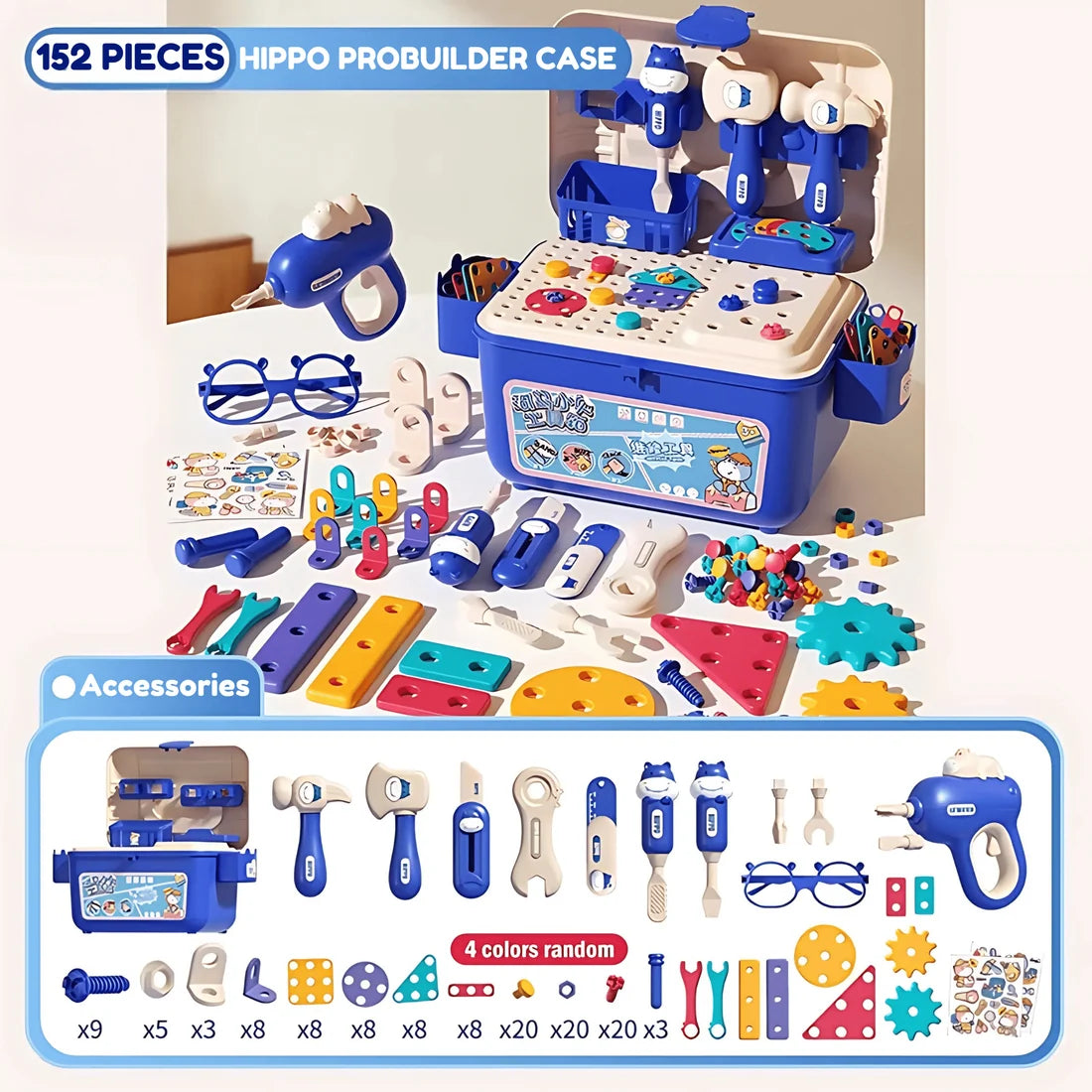 Établi Hippo tout-en-un DIY Montessori – Coffret d'outils 92 pièces (Bleu)
