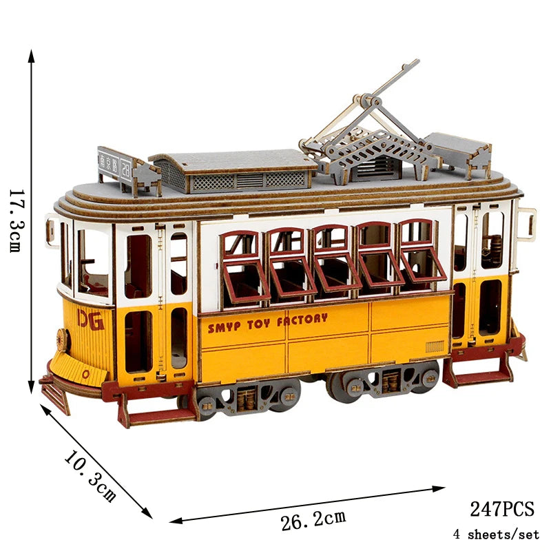 Puzzle 3D en Bois DIY – Tram et Gare Rétro à Assembler