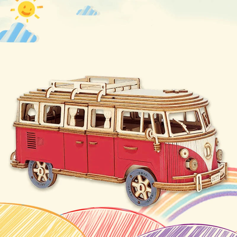 Puzzle 3D en Bois DIY – Maquette Rétro à Assembler (Bus, Bateau, Avion, Maison)