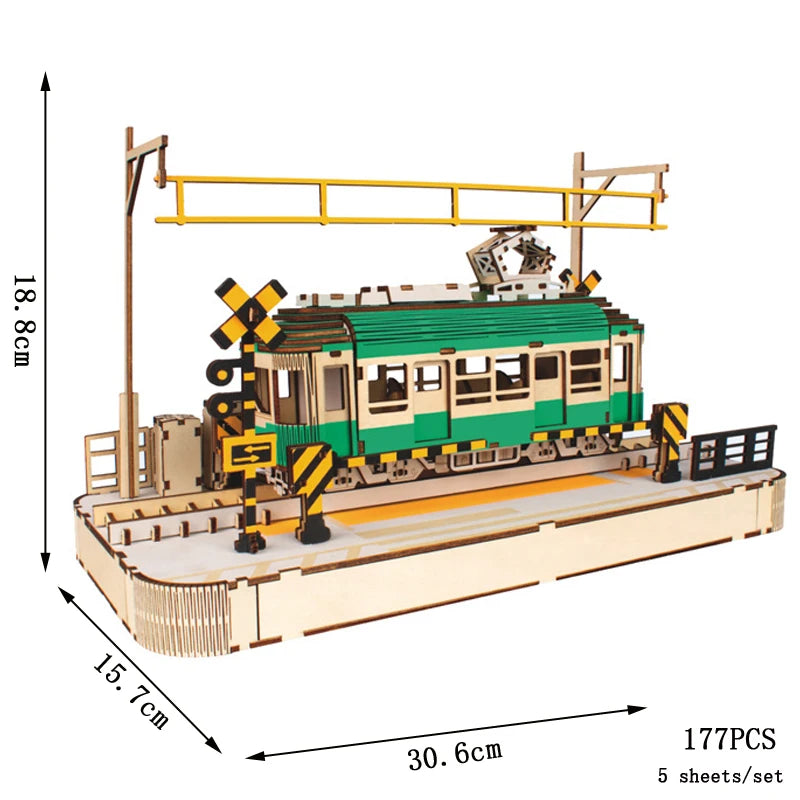 Puzzle 3D en Bois DIY – Tram et Gare Rétro à Assembler