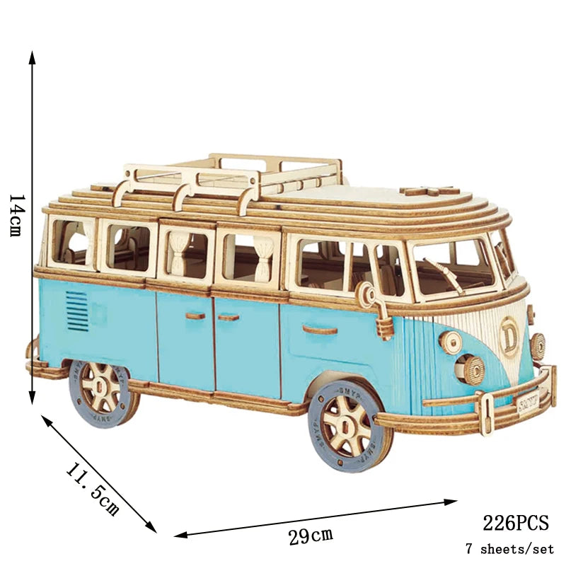 Puzzle 3D en Bois DIY – Maquette Rétro à Assembler (Bus, Bateau, Avion, Maison)