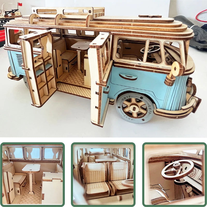 Puzzle 3D en Bois DIY – Maquette Rétro à Assembler (Bus, Bateau, Avion, Maison)