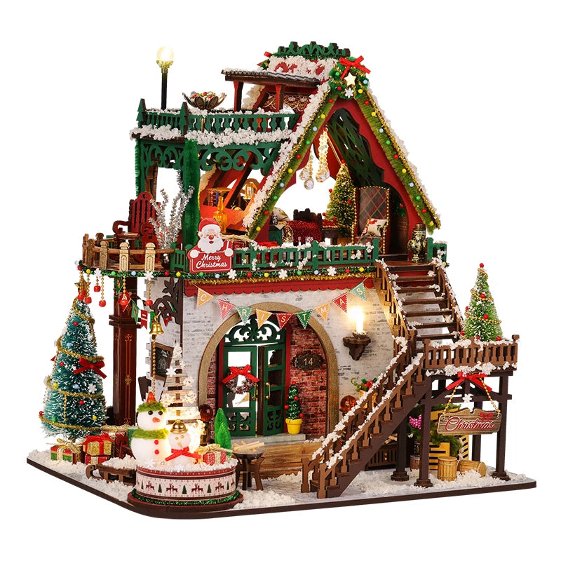 Chalet de Noël Enneigé en Bois DIY – Maquette Miniature avec Mobilier