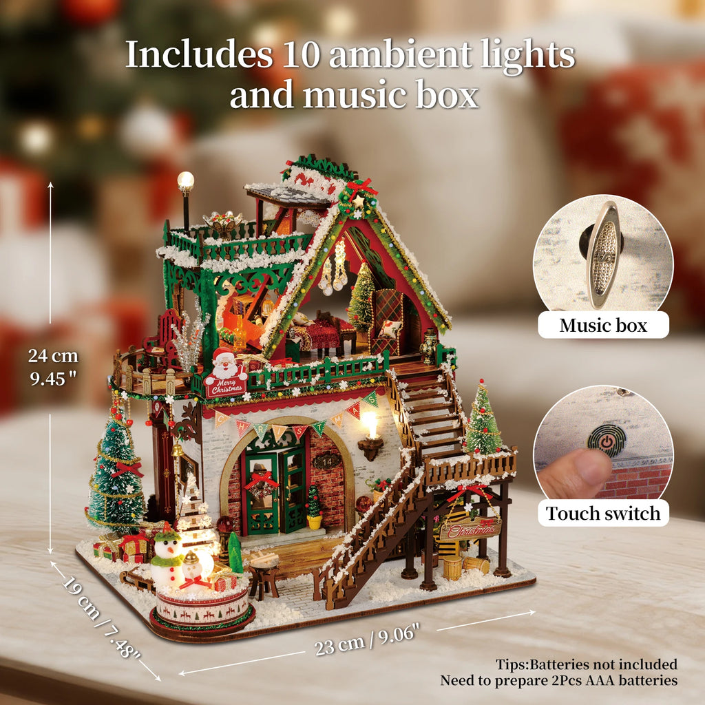 Chalet de Noël Enneigé en Bois DIY – Maquette Miniature avec Mobilier