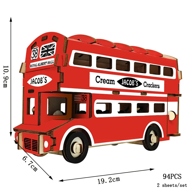 Puzzle 3D en Bois DIY – Maquette Rétro à Assembler (Bus, Bateau, Avion, Maison)