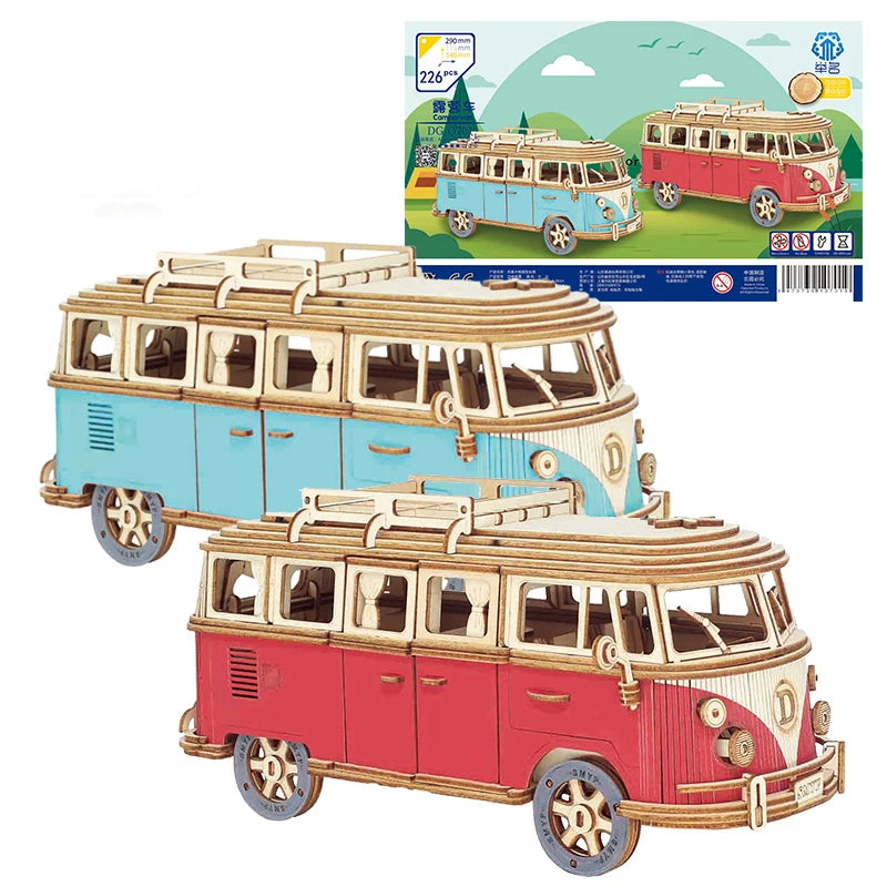 Puzzle 3D en Bois DIY – Maquette Rétro à Assembler (Bus, Bateau, Avion, Maison)