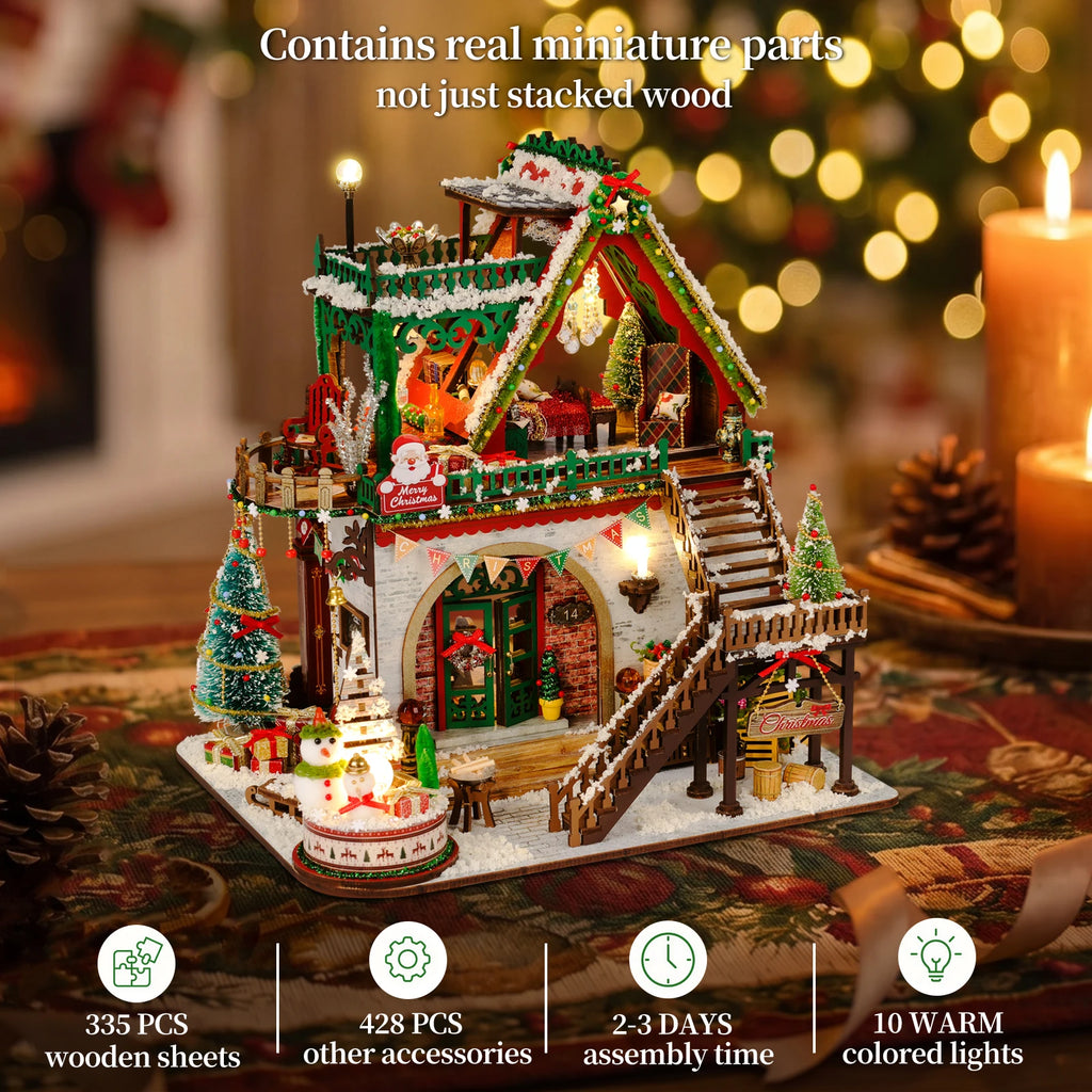 Chalet de Noël Enneigé en Bois DIY – Maquette Miniature avec Mobilier