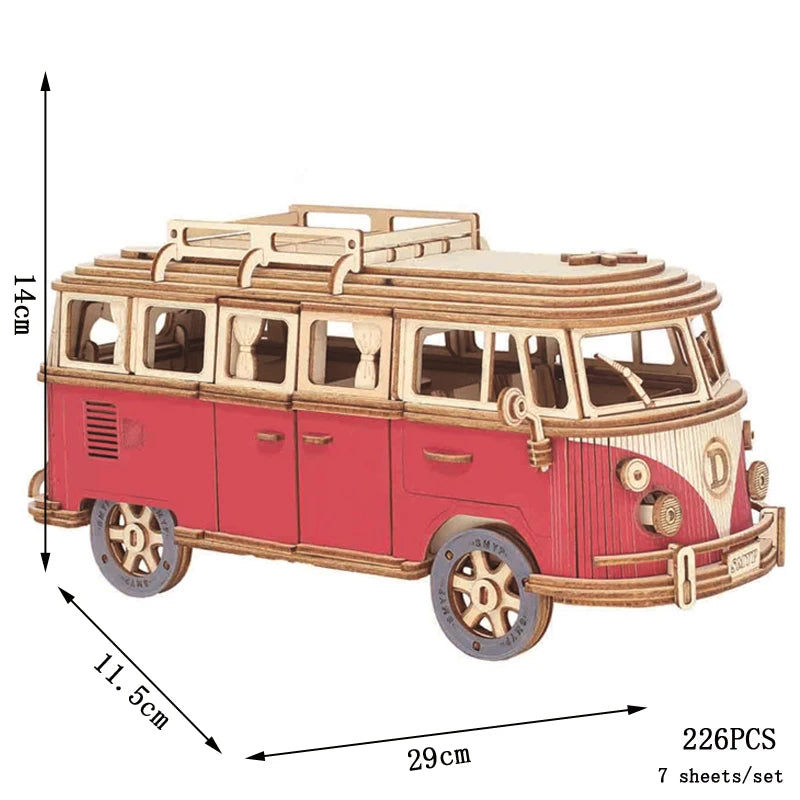 Puzzle 3D en Bois DIY – Maquette Rétro à Assembler (Bus, Bateau, Avion, Maison)
