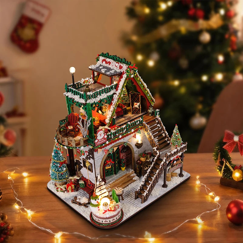 Chalet de Noël Enneigé en Bois DIY – Maquette Miniature avec Mobilier