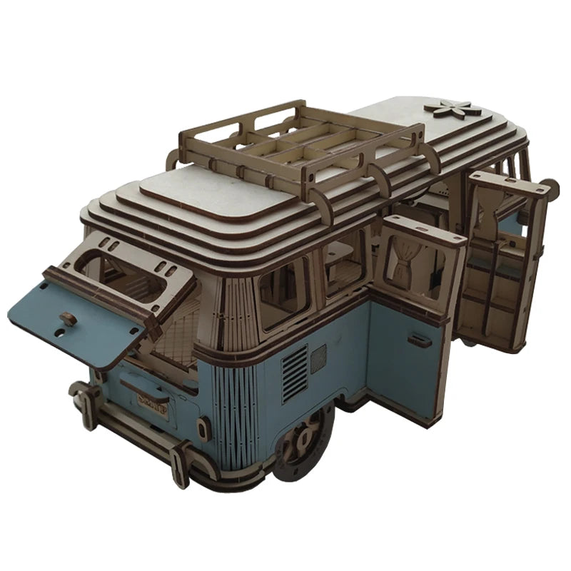Puzzle 3D en Bois DIY – Maquette Rétro à Assembler (Bus, Bateau, Avion, Maison)