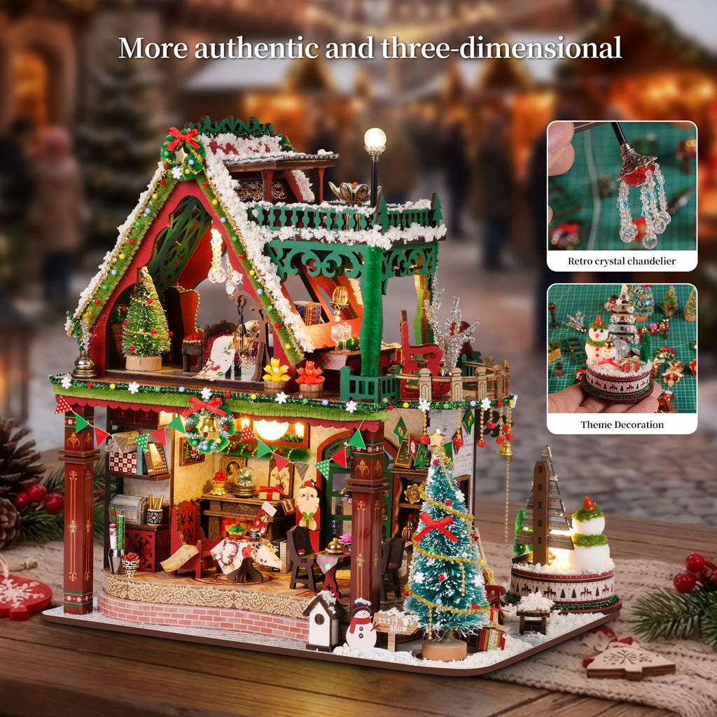 Chalet de Noël Enneigé en Bois DIY – Maquette Miniature avec Mobilier